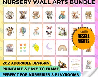 May include: A digital download bundle of 282 printable nursery wall art designs. The designs feature cute animals, whimsical illustrations, and inspirational quotes. The bundle includes resell rights. The designs are available in various sizes, including 11x14, 16x20, 18x24, 20x30, and A2.