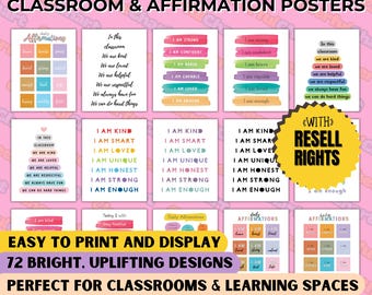 May include: A collection of classroom affirmation posters with uplifting messages. The posters feature phrases like "I am kind," "I am strong," and "We are loved." The image includes the text "Easy to print and display" and size options in inches.