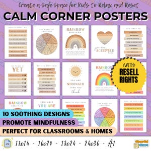 May include: Ten printable posters for a calm corner in a classroom or home. The posters feature calming images and phrases like "You are stronger than you think", "The Power of Yet", and "Rainbow Breathing".