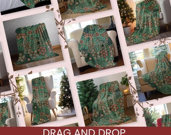 May include: Mockup images of a green and red patterned throw blanket draped over chairs and a couch. The text "DRAG AND DROP BLANKET MOCKUPS" is at the bottom of the image.
