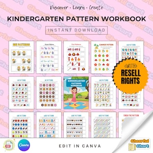 May include: A colorful printable workbook for kindergarten students to practice pattern recognition. The workbook includes 10 pages of patterns featuring bees, animals, fire trucks, summer items, donuts, and more. The cover features a cartoon girl in a green dress and a pink shirt standing on a checkered floor. The text on the cover reads "Kindergarten Patterns Workbook".