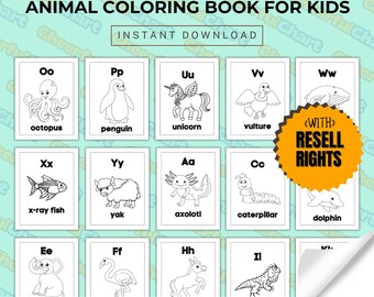 May include: A printable coloring book for kids featuring 12 different animals, each with a letter of the alphabet. The animals include an octopus, penguin, unicorn, vulture, x-ray fish, yak, axolotl, caterpillar, dolphin, elephant, flamingo, and horse. The book is available for instant download and includes resell rights.