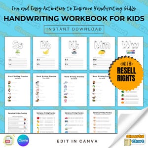 May include: A printable handwriting workbook for kids featuring letter tracing, word writing, and sentence writing practice. The workbook includes pages for tracing the letters S, B, K, M, and W. The workbook also includes pages for writing words related to sea animals, farm animals, and vegetables. The workbook also includes pages for writing sentences about different themes. The workbook is available for instant download and can be edited in Canva. The workbook includes resell rights.