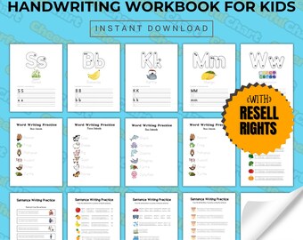 May include: A printable handwriting workbook for kids featuring letter tracing, word writing, and sentence writing practice. The workbook includes pages for tracing the letters S, B, K, M, and W. The workbook also includes pages for writing words related to sea animals, farm animals, and vegetables. The workbook also includes pages for writing sentences about different themes. The workbook is available for instant download and can be edited in Canva. The workbook includes resell rights.