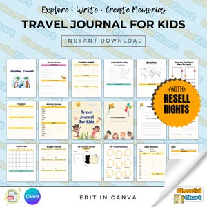 Diario de viaje para niños imprimible y editable: plantilla MRR y PLR, descarga, edita y revende, listo para ti. Edita en Canva