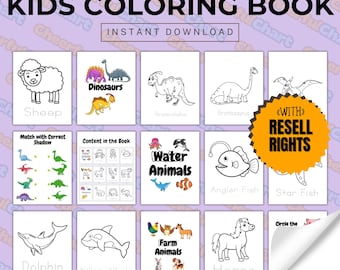 May include: A kids coloring book with the text "Creative & Fun for Little Artists" and "KIDS COLORING BOOK". The book includes illustrations of a sheep, dinosaurs, water animals, farm animals, and more. Includes "WITH RESELL RIGHTS".