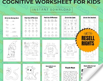 May include: A black and white printable worksheet for kids with activities like finding the difference, matching shadows, and solving a maze. The worksheet is titled "Cognitive Worksheet for Kids" and includes the text "With Resell Rights".