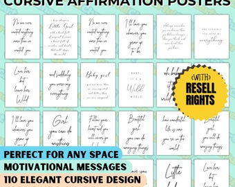 May include: A collection of white cursive affirmation posters with black text. The posters feature motivational quotes and phrases. The image includes text that reads "Perfect for any space" and "Motivational Messages". Poster sizes are listed in inches.