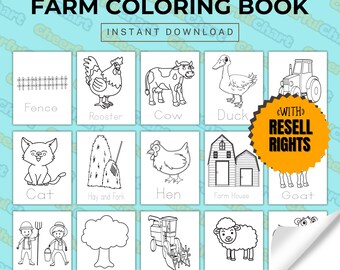 May include: A black and white coloring book with images of farm animals, a fence, hay and fork, a farm house, a goat, a tractor, a cat, a rooster, a cow, a duck, a hen, a tree, a farmer, a sheep, and a combine harvester. The book is titled "Farm Coloring Book" and includes the text "Instant Download" and "Edit in Canva".