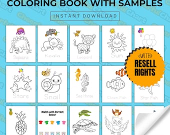 May include: A printable coloring book with 12 different coloring pages featuring animals, stars, a pineapple, a snail, a seahorse, a clownfish, a turtle, an owl, and a sun. The coloring book is available for instant download and includes resell rights.