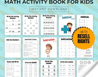 May include: A colorful printable activity book for kids with math challenges. The book includes activities like writing missing numbers, adding numbers, counting and coloring, subtraction, and circling the bigger or smaller number. The book is available for instant download and includes resell rights.