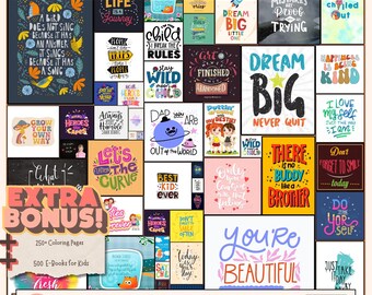 Op de afbeelding: Een collage van kleurrijke afbeeldingen met inspirerende citaten voor kinderen. De afbeeldingen bevatten handgetekende letters en illustraties. Enkele van de citaten zijn "Droom Groot", "Blijf Wild", "Je bent Mooi" en "Vergeet niet te Glimlachen".