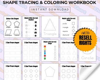 May include: A printable workbook for kids to learn shapes through tracing and coloring activities. The workbook includes pages with different shapes to color, trace, and match with the correct shadow. The workbook is available for instant download and includes resell rights.