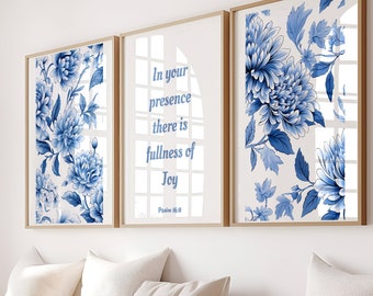 Christian wall art Chinoiserie Wall Art Blue Vintage Floral Print Set of 3 Blue Posters Digital Download Blue Wall Art Aesthetic Art Prints
