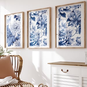 Blue chinoiserie wall art set of 3, Floral Print Set of 3 Blue Posters Digital Download Navy Blue Wall Art Aesthetic Art Prints Dark Blue
