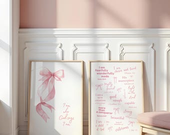 God Says I Am Wall Art Set - Coquette Christian Bible Verse Prints for Girls - Pink Affirmation Scripture Decor - Teen Dorm Room Decor