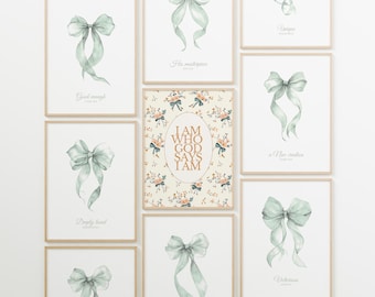 Sage Green Christian Wall Art – Coquette Bow Scripture Prints – Teen Room & Dorm Gallery Set – Women’s Ministry - Digital Download