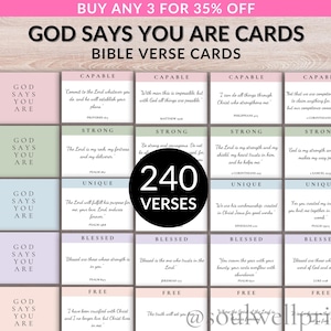 May include: A collection of "God Says You Are" Bible verse cards, featuring 30 categories and 240 verses. Each card displays a verse with a corresponding theme like "Capable" or "Blessed". The cards are in pastel colors.