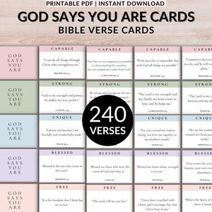 Könnte beinhalten: Ein druckbares PDF mit Bibelverskarten. Die Karten sind in 30 Kategorien unterteilt und enthalten 240 Verse. Jede Karte hat einen pastellfarbenen Hintergrund und enthält den Satz "Gott sagt, du bist".