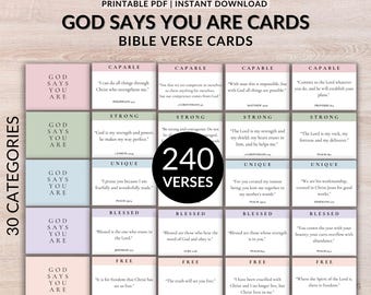 240 Printable Bible Verse Cards | God Says You Are | Christian Affirmation Cards | Teen and Women's Ministry Bible Study Cards - Download
