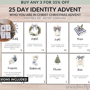 以下が含まれることがあります： 「キリストのクリスマスアドベント」であなたが誰であるかというテキストが入った、印刷可能な25日間のアイデンティティアドベントセット。カードには水彩イラストとインスピレーションを与える引用句が描かれています。2つのバージョンが含まれています。上部のバナーには「3つ購入で35％オフ」と書かれています。
