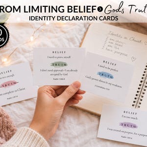 May include: Identity declaration cards with the text "From Limiting Belief to God's Truth". The cards feature phrases such as "I'm not enough" and "I am complete in Christ". A notebook and a "50 CARDS" sticker are also visible.