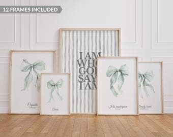 Christian Wall Art Digital Products – Sage Coquette Bow Scripture Gallery Set for Teen Dorm Women's Ministry Instant Download JPG