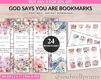 24 Bible Verses Bookmark png bundle, Printable floral bookmark, Christian Png, Printable Christian Gifts, God Says You Are bookmarks