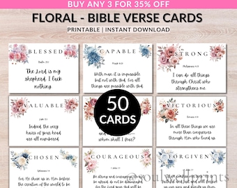 50 Bible Verse Cards Printable | Inspirational Scripture Cards | Christian Affirmation Cards | Women's Ministry and Bible Study Cards