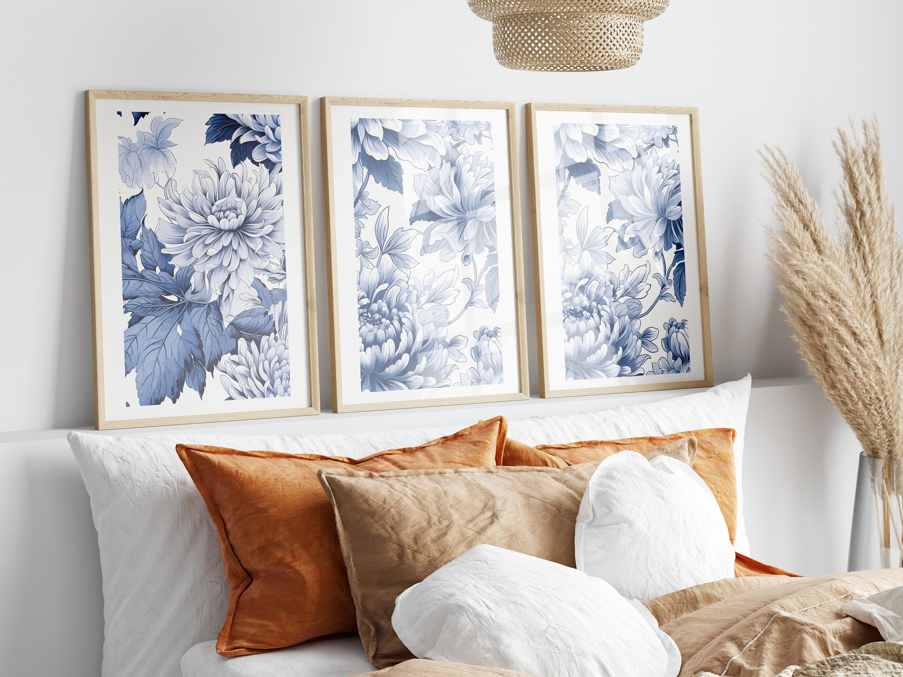 Blue Chinoiserie Wall Art Set of 3, Floral Print Set of 3 Blue Posters ...