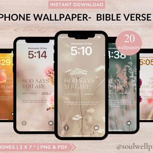 Può includere: Cinque smartphone che mostrano sfondi ispiratori con sfondi floreali e versetti biblici. Il testo include "GOD SAYS YOU ARE" con parole come "Beautiful" e "Capable". L'immagine include anche il testo "PHONE WALLPAPER - BIBLE VERSE".