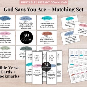 May include: A collection of printable Bible verse cards and bookmarks. The cards feature inspirational messages like "Strong," "Capable," and "Victorious," with corresponding verses. The set includes 50 cards and 24 bookmarks.