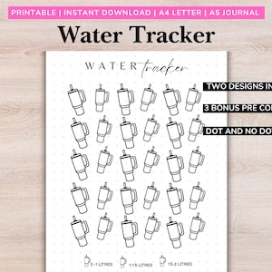 May include: Printable water tracker with two designs, including a dotted and a non-dotted version. The tracker features a grid of 36 water glasses with a straw, and includes three pre-colored versions. The tracker is designed for A4 or A5 journals.