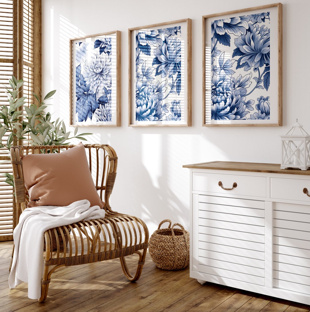 Blue Chinoiserie Wall Art Set of 3, Floral Print Set of 3 Blue Posters ...