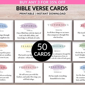 Puede incluir: Un conjunto de 50 tarjetas de versículos bíblicos con citas inspiradoras. Cada tarjeta presenta una palabra como "Fuerte" o "Bendecido" con un versículo correspondiente. Las tarjetas tienen fondos de estilo acuarela y están disponibles para descarga instantánea.