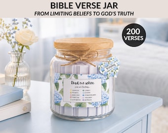 DIY Bible Verse Jar Kit | Color-Coded “Read Me When” Jar | Printable Scripture Identity Cards for Teens | Christian Gift | Blue Coquette