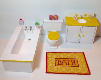 Dollhouse Miniature Hand Made Four-Piece Bathroom in Yellow and White