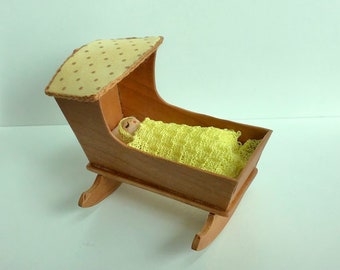 Dollhouse Miniature Cherry-Wood Cradle and Swaddled Baby