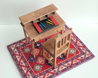 Dollhouse Miniature Desk, Chair and Area Rug