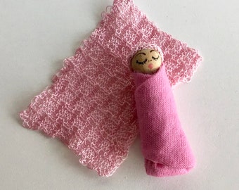 Dollhouse Miniature Pink Swaddled Sleeping Baby and Blanket