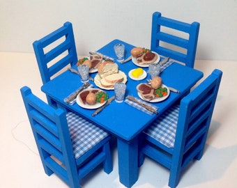 Dollhouse Miniature Roast Beef Dinner with Blue Table and Chairs