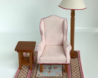 Dollhouse Miniature, 1:12 Scale Chair, Side Table and Lamp and Area Rug