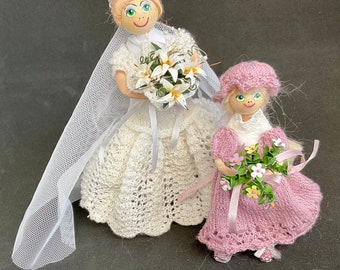 Handmade 1:12 Scale Dollhouse Bride and Flower Girl Doll Set