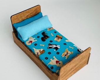 Dollhouse Miniature 1:12 Scale Twin Bed with Dogs