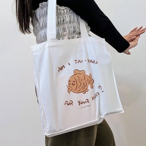 Borsa tote Taiyaki, snack giapponesi, borsa tote alla moda, gioco di parole, borsa a tracolla divertente, borsa tote con snack di pesce, borsa tote Love, borsa tote Kiss