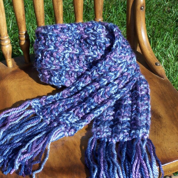 LAST ONE AVAILABLE - LIGHT BLUE - MEDIUM BLUE - DENIM BLUE - LILAC PURPLE UNIQUE PATTERN - TEXTURE - DESIGN CHUNKY MULTICOLOR HANDKNIT WOOL SCARF WITH FRINGE
