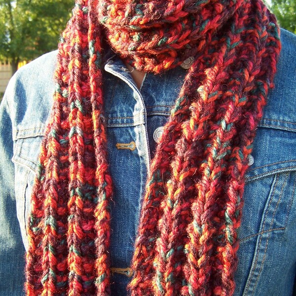 PLUM PURPLE - CRANBERRY RED - PUMPKIN ORANGE - TEAL BLUE UNIQUE PATTERN - TEXTURE - DESIGN CHUNKY MULTICOLOR HANDKNIT SCARF WITH FRINGE