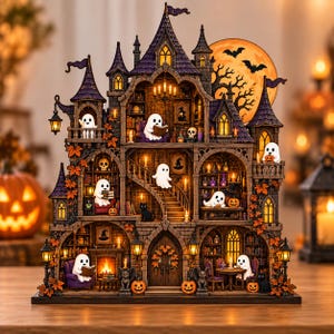 May include: A multi-story Halloween haunted house decoration featuring purple roofs, stone walls, and a large orange moon backdrop. The structure is filled with miniature white ghost figures, black cats, pumpkins, and lit candles, with interior rooms displaying bookshelves, a fireplace, and staircases.