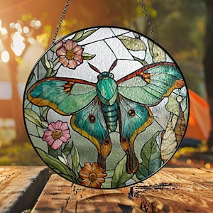 Luna Moth Stained Glass Suncatcher: Butterfly Window Hanging