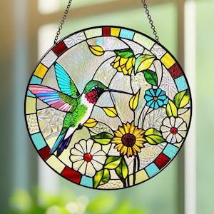 Hummingbird With Flower Stained Glass Art, Bird Suncatcher Window Hanging, Hummingbird Lover Gifts, Gift For Mom Woman